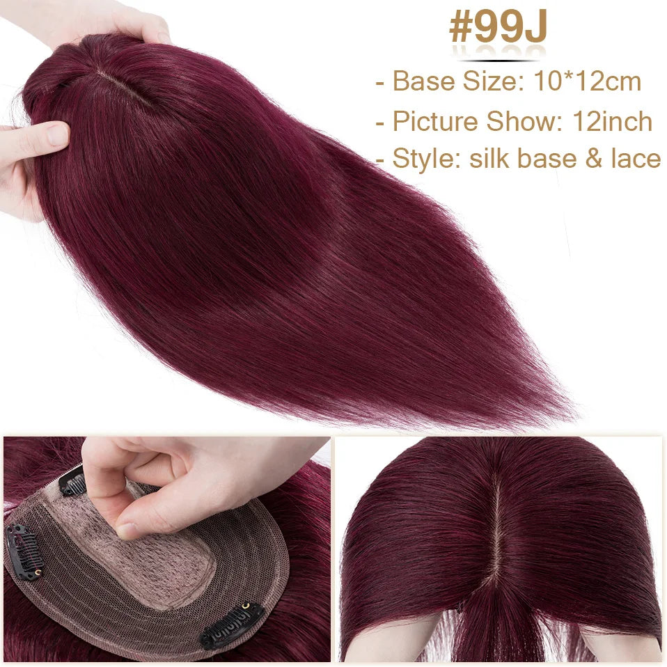 S-noilite Natural Hair Topper Wig for Women 10x12cm with Silk Base 3.5x9cm Human Hair Piece with Bangs Hair Clip Included