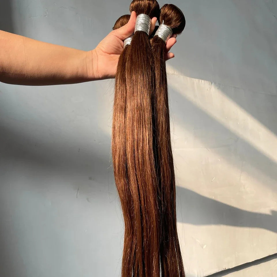 Straight #4 Chocolate Brown Raw Virgin Human Hair Weave Bundles 1/3/4Pcs Indian Bone Straight Extension For Women Sale Clearance