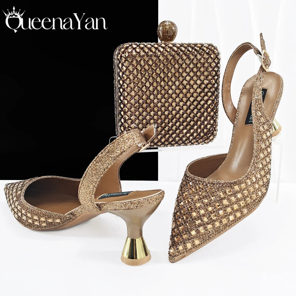 Queena Yan 2025 Italian Design Rhinestone Luxury Navy Blue Pointed Toe Shoe & Bag Set Women High Heels for Parties High Quality