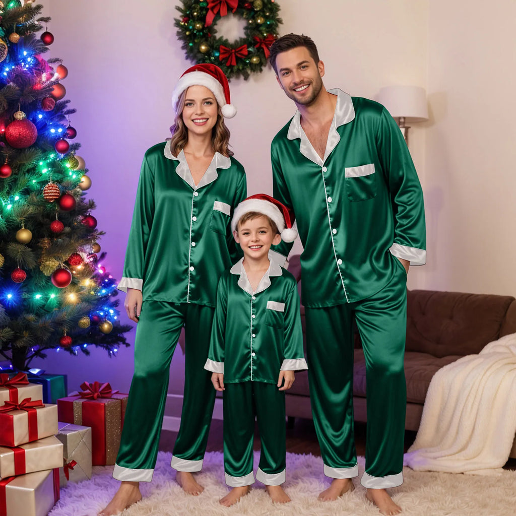Silk Satin Christmas Family Pajamas Matching Sets Plus Size Lapel Long Sleeve Shirts And Pants Soft Silk Sleepwear Mom Dad Xmas