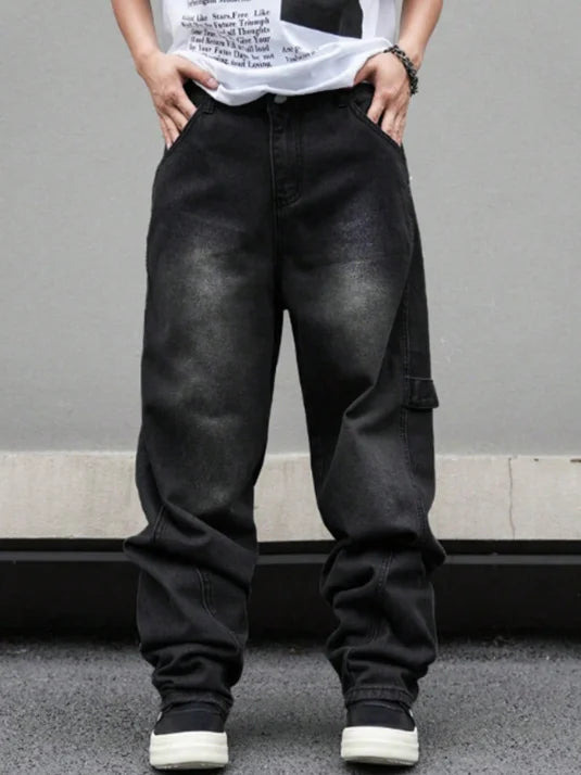High street American Vibe pleated design micro flared jeans men's loose straight leg hanging wide leg pants men