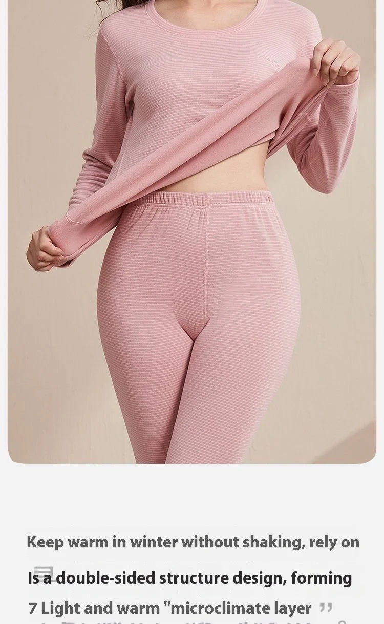 New Autumn/Winter Cashmere and Silk Round-Neck Thermal Set Striped Thermal Underwear for Men and Women Base Layer Undergarments