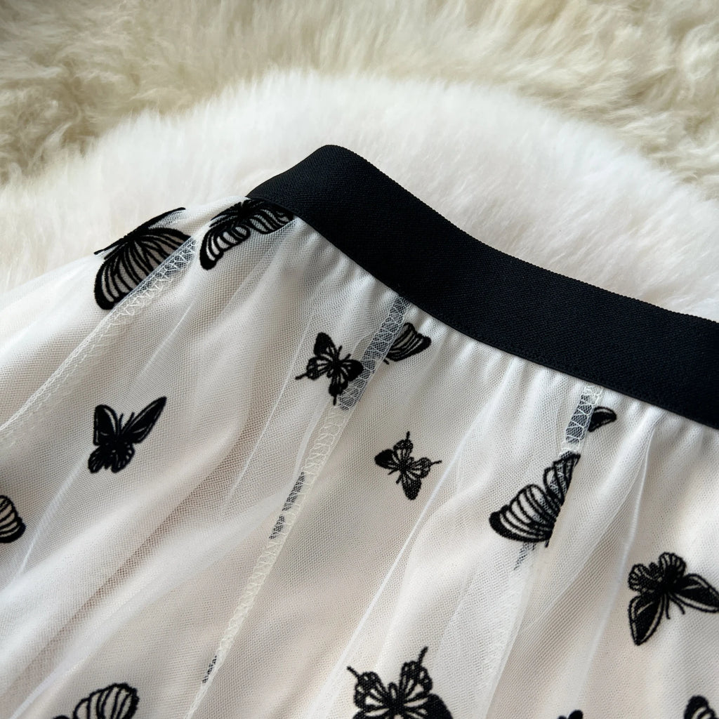 SINGREINY 2024 High Qulaity Embroidery Long Skirt Ladies Elastic Waist Butterfly Print Streetwear A Line Loose Mesh Party Skirt