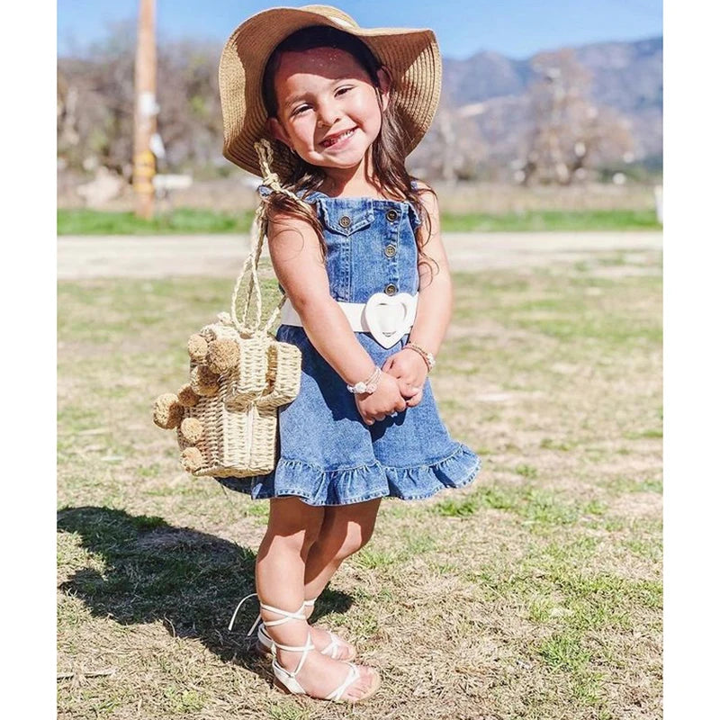 Lioraitiin Baby Girl Off Shoulder Ruffle Denim Dress with Sleeveless Button Down - Cute Summer Outfit for Toddlers