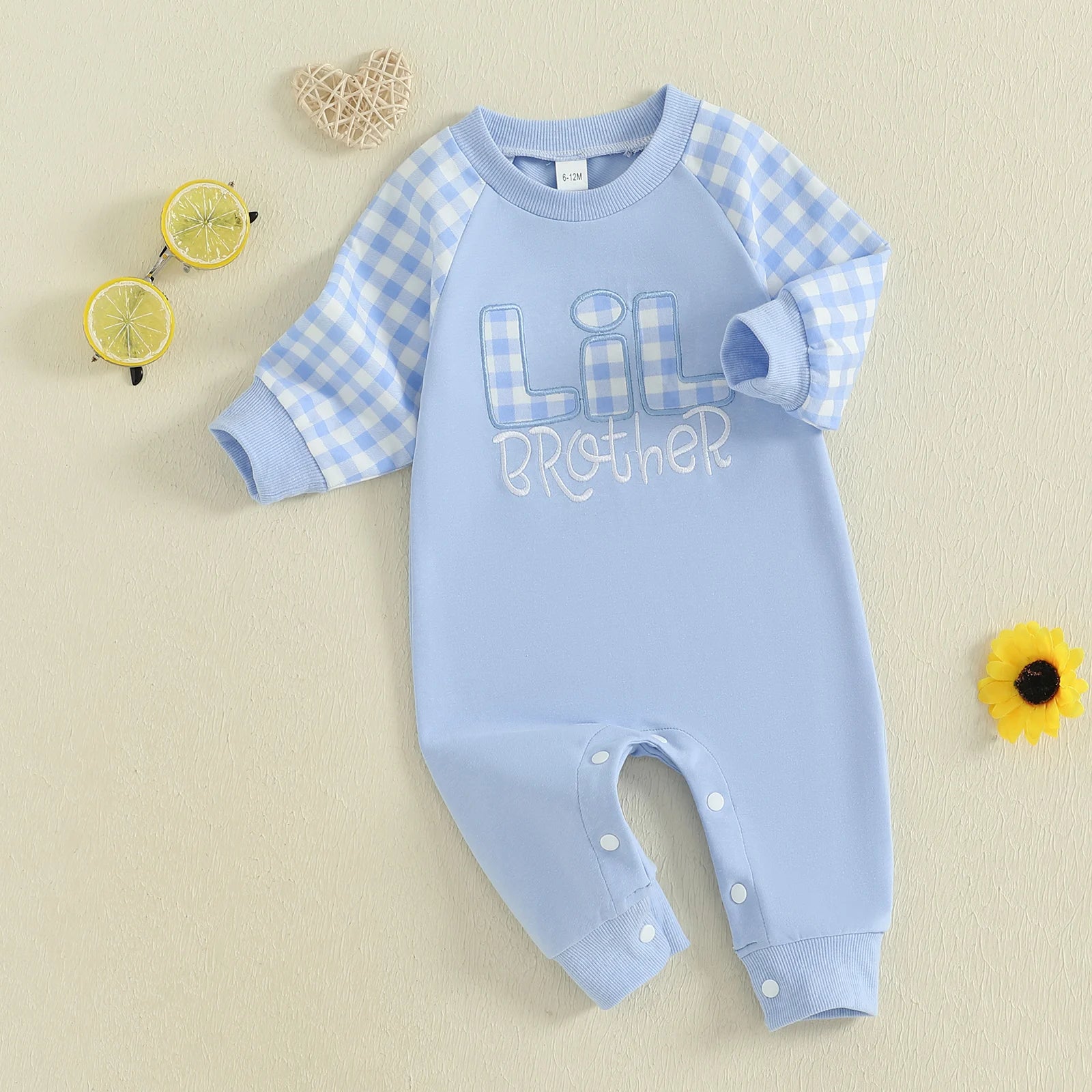 Baby Boy Fall Romper Plaid Print Letter Embroidery Long Sleeve Round Neck Full Length Jumpsuit