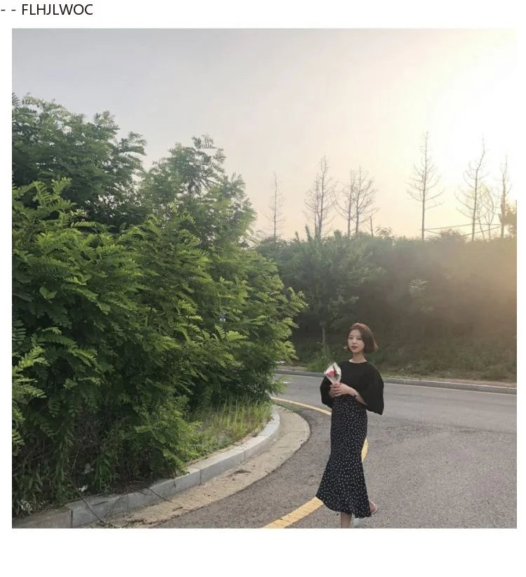 2024 Summer Skirt Long Hot Sales Women Black White Dot Preppy Style Girls Korean Design High Waist Black Skirt 3024