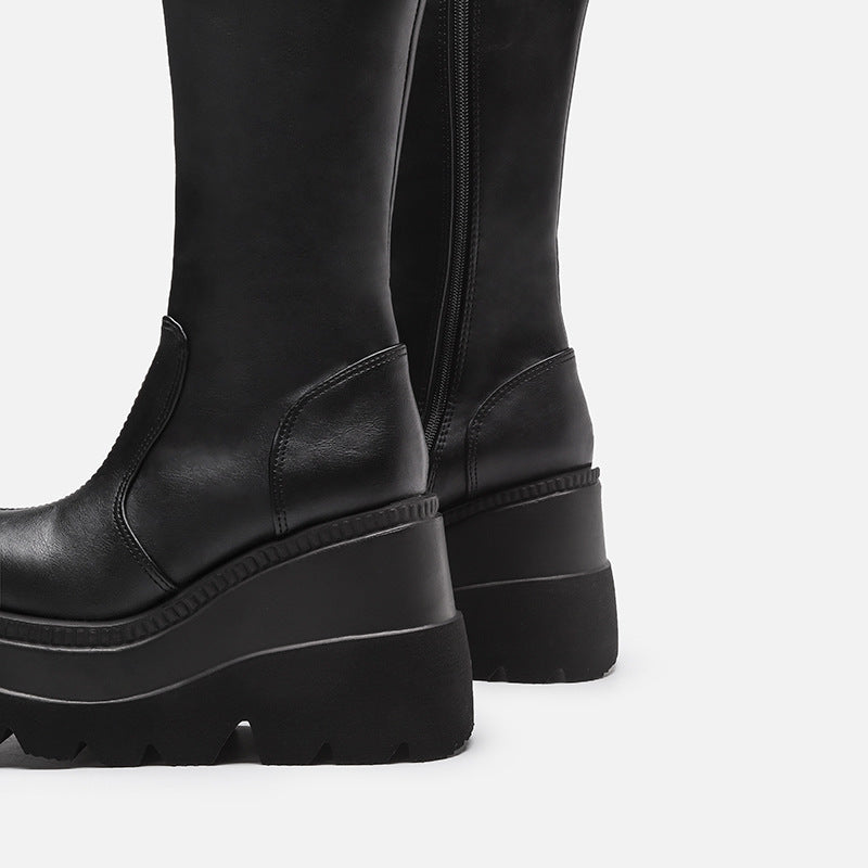 Fashion Wedge-heeled Mid-tube Boots Ladies Gothic Style Thick-soled Motorcycle Knight Boots Slim High Platform Cowboy Boots