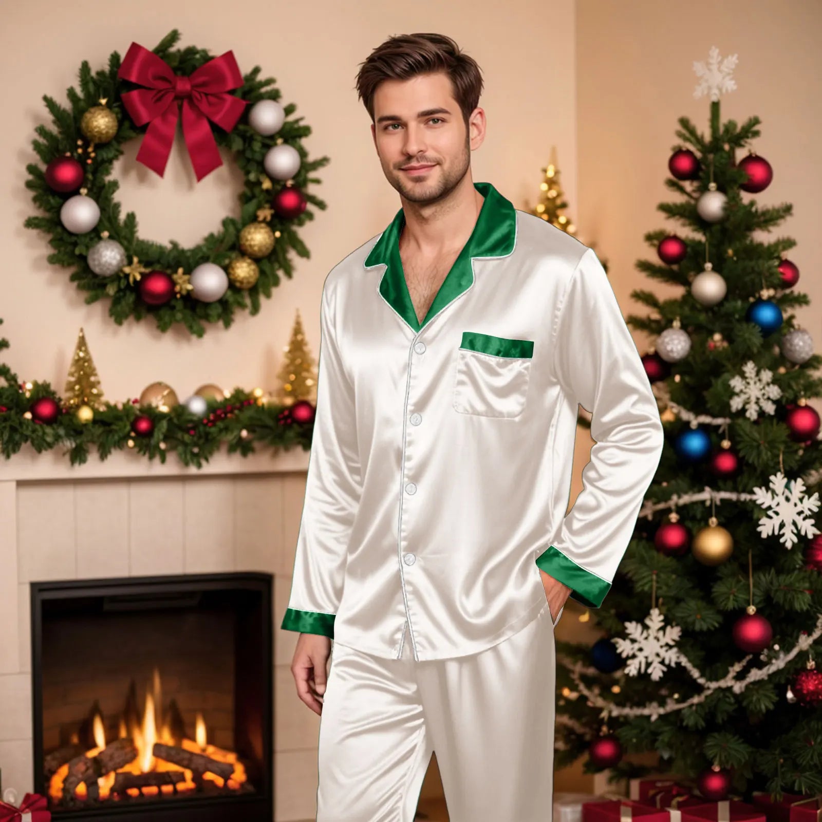 Silk Satin Christmas Family Pajamas Matching Sets Plus Size Lapel Long Sleeve Shirts And Pants Soft Silk Sleepwear Mom Dad Xmas