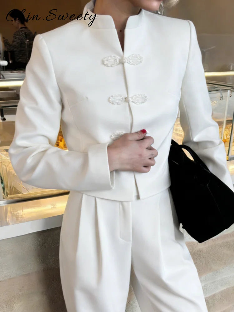Vintage Stand Collar Velvet Frog Button Blazer Women Solid Long Sleeve Slim Cropped Jackets 2026 Spring Lady Fashion Outwear New