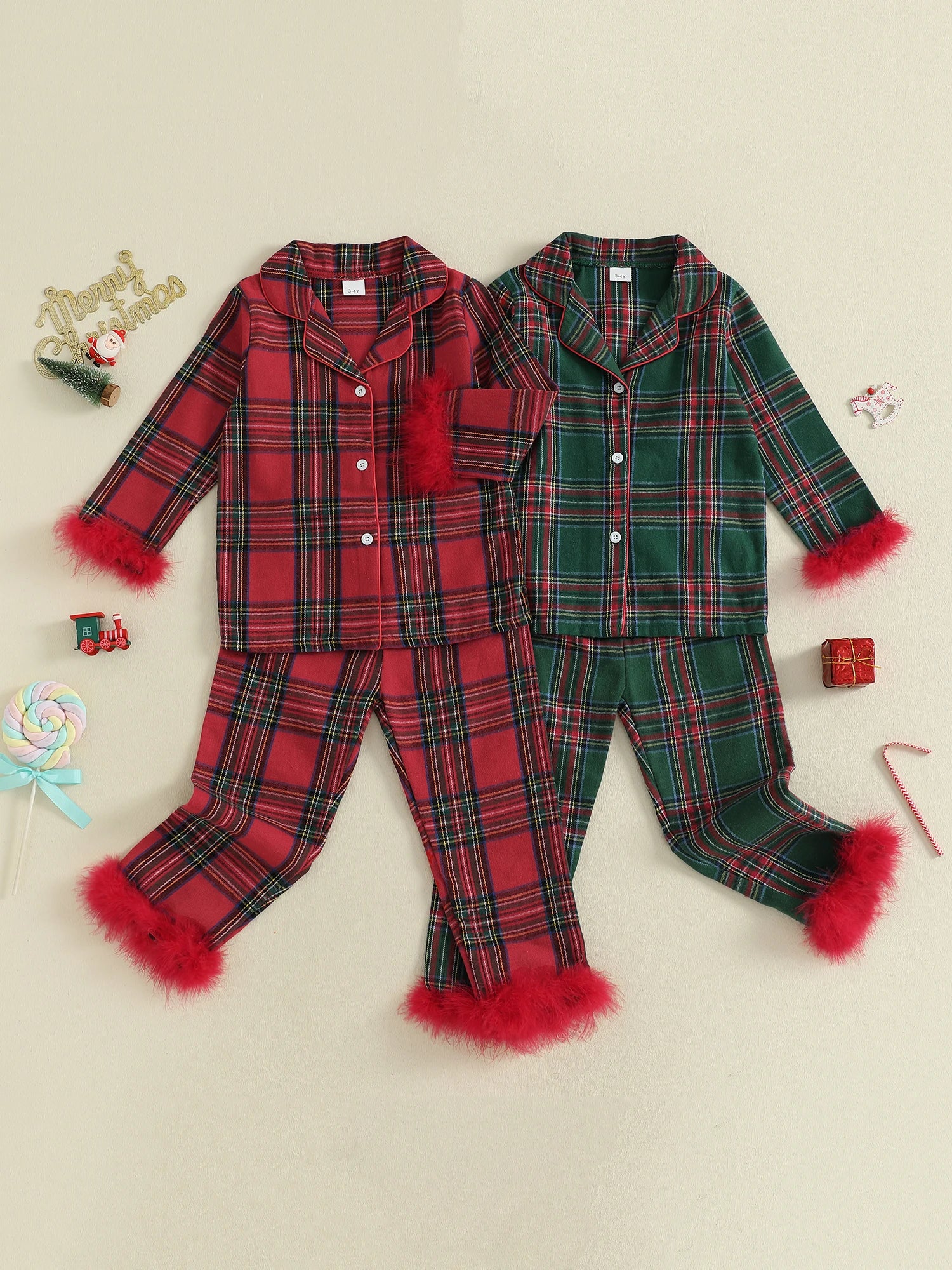 Cute Toddler Winter Plaid Pajama Set with Cozy Faux Fur Trim Long Sleeve Top and Elastic Waist Pants for Girls 2 Piece