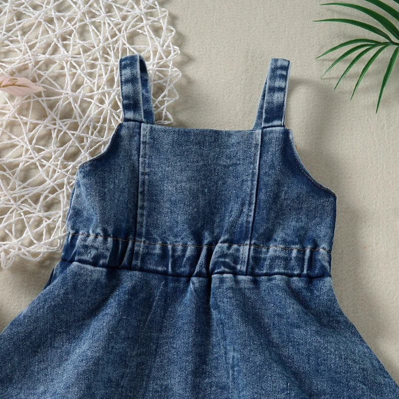 Lioraitiin Baby Girl Off Shoulder Ruffle Denim Dress with Sleeveless Button Down - Cute Summer Outfit for Toddlers