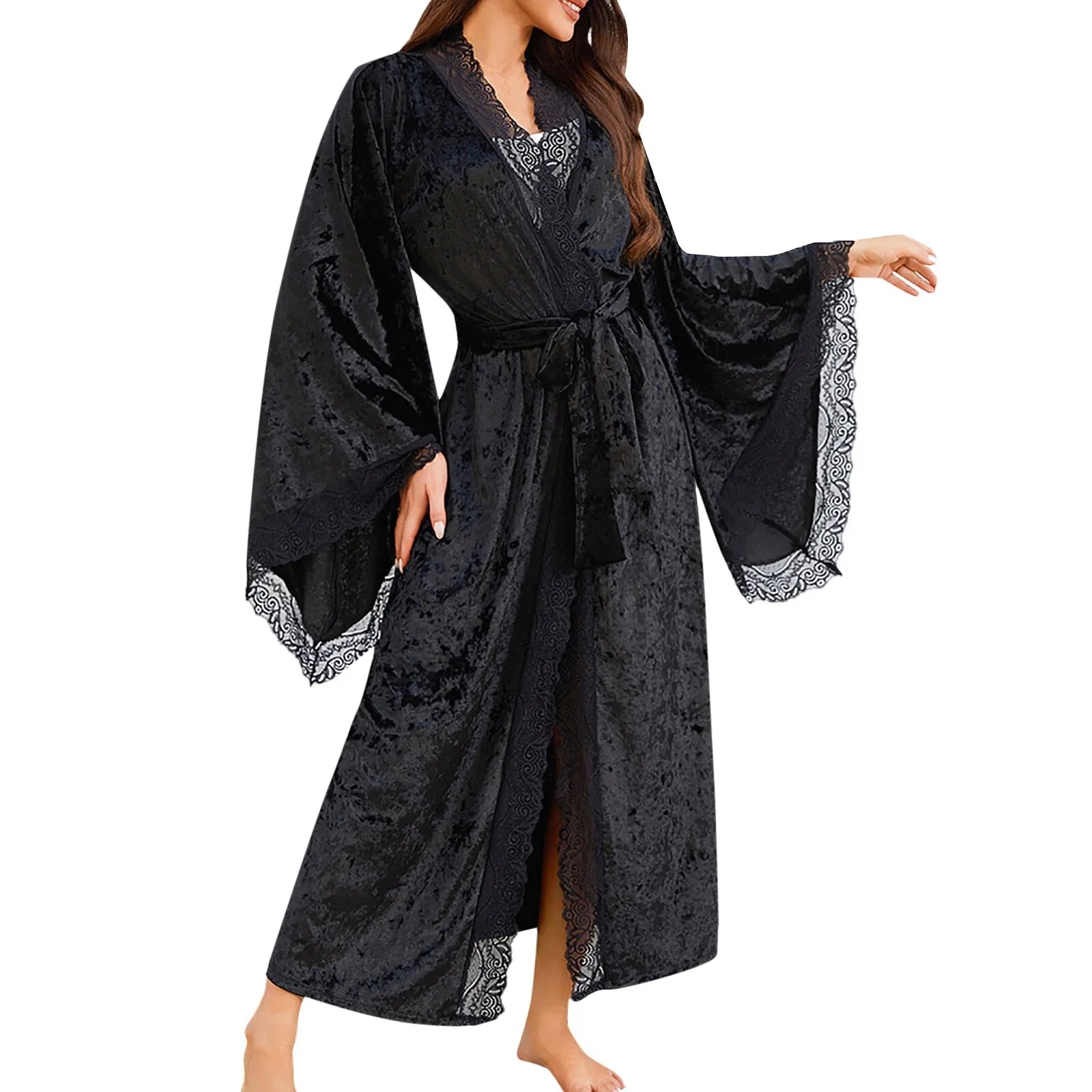 Women's Lace Velvet Bathrobe Breathable Nightgown Kimono Home Clothes Flare Sleeve Night Long Robe Female Sleepwear Homewear