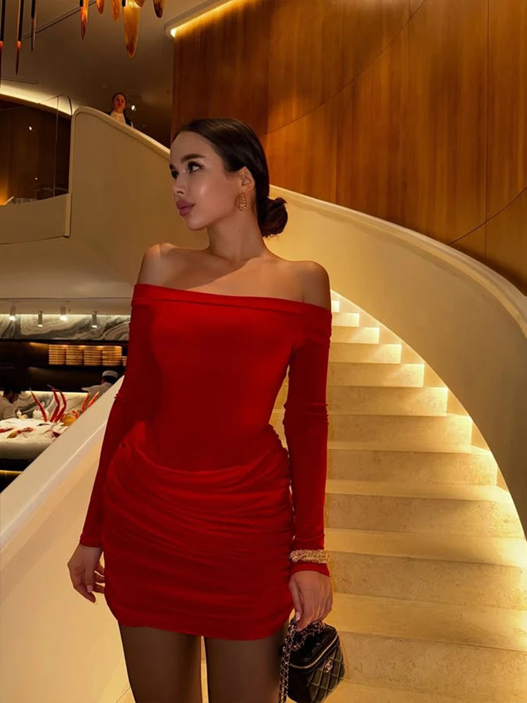 Party Dresses For Women Fashion Sexy Solid Full Sleeves Slash Neck Hip Wrap Folds Sheath Mini Vestidos Robes Female Streetwear