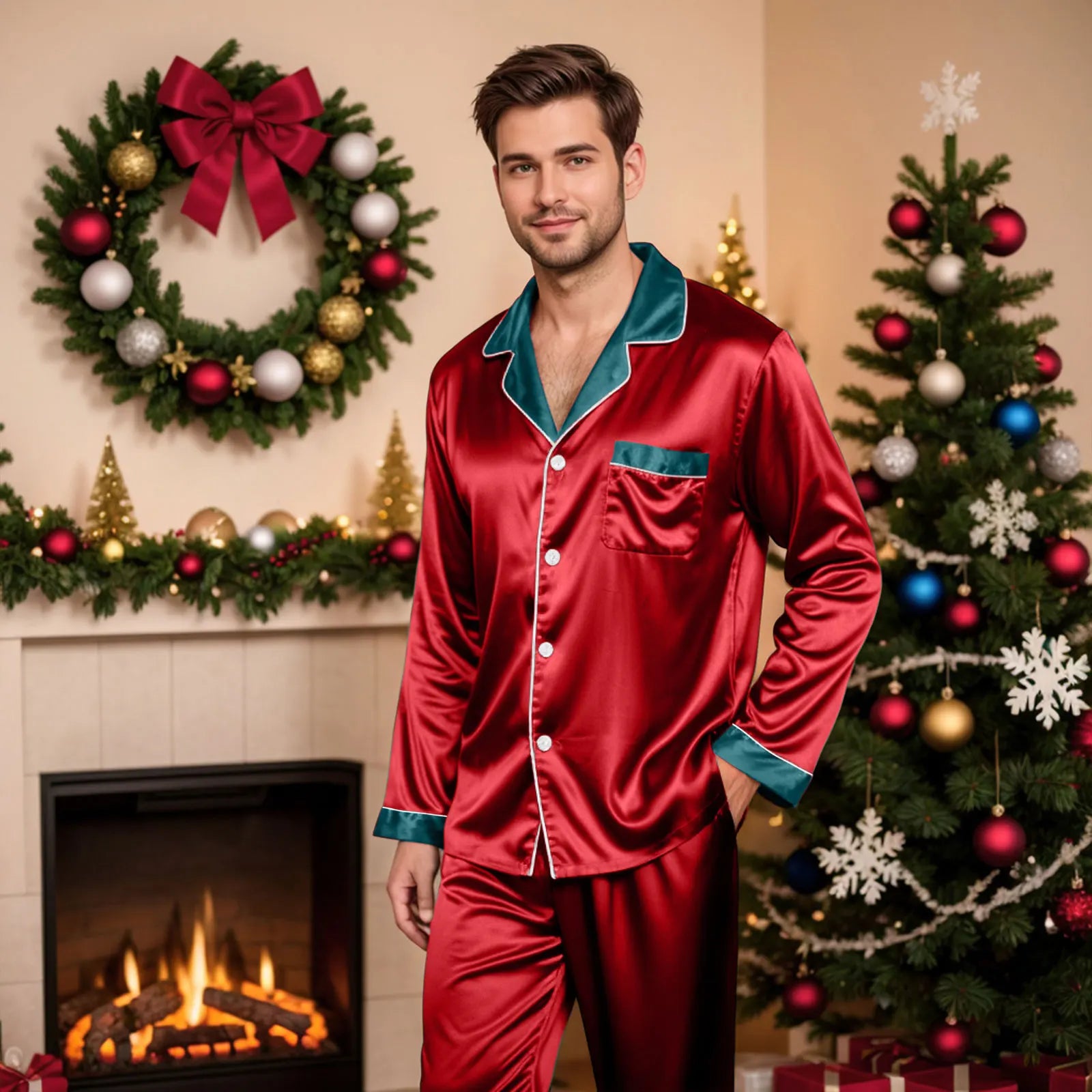 Silk Satin Christmas Family Pajamas Matching Sets Plus Size Lapel Long Sleeve Shirts And Pants Soft Silk Sleepwear Mom Dad Xmas