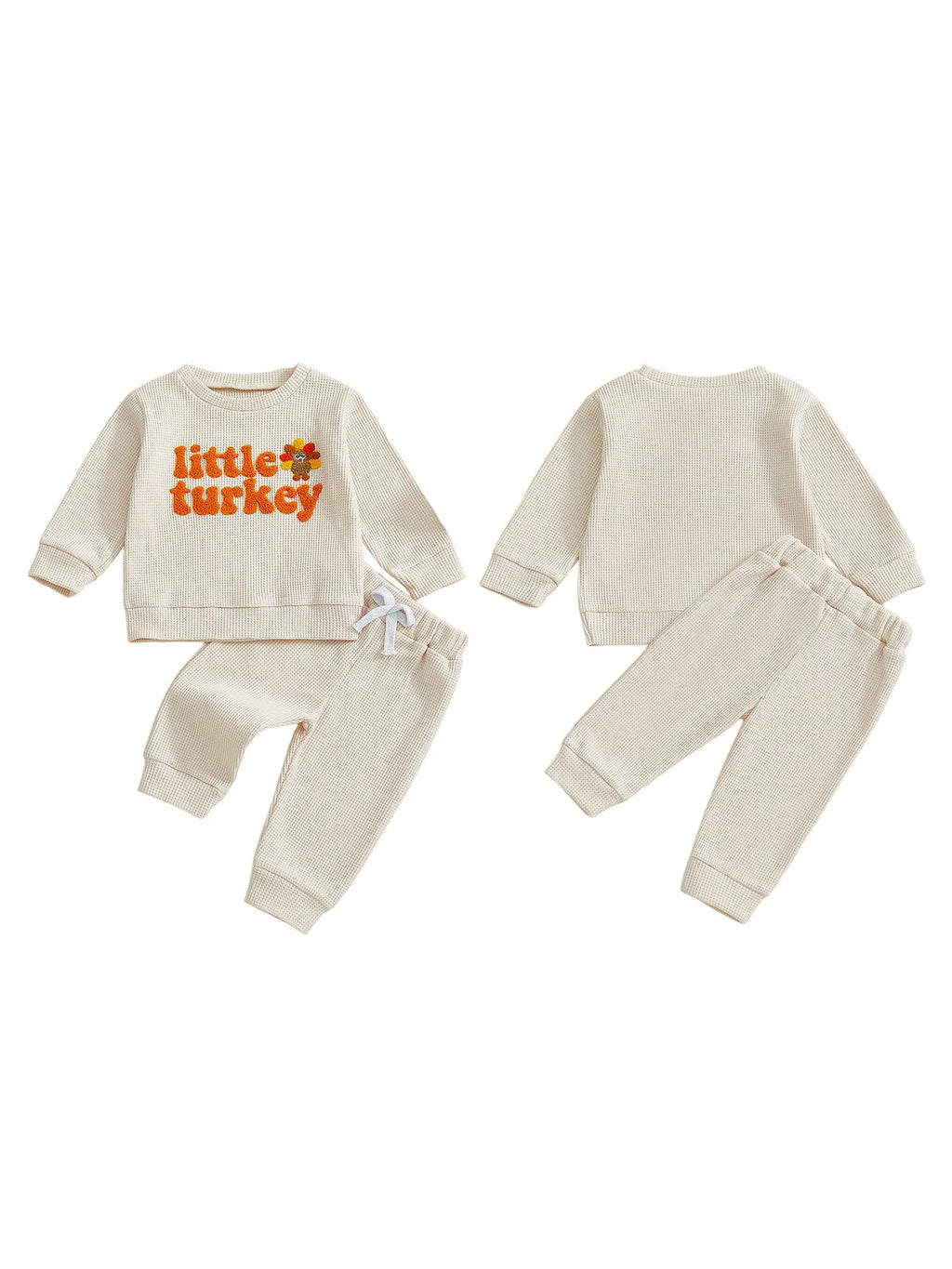 Toddler Baby Boys Thanksgiving Outfit Turkey Letter Embroidery Long Sleeve Pullover Elastic Waist Solid Pants 2Pcs Waffled Set
