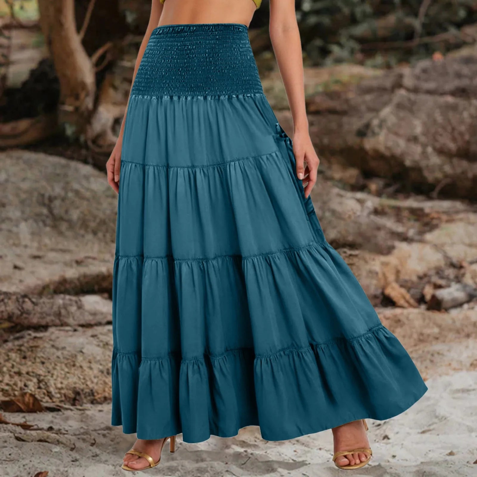Boho Fairy Skirts Women Tiered Convertible Bustier Dress with Pockets Vintage Hippie Gypsy A-Line Maxi Skirt Versatile Sarong