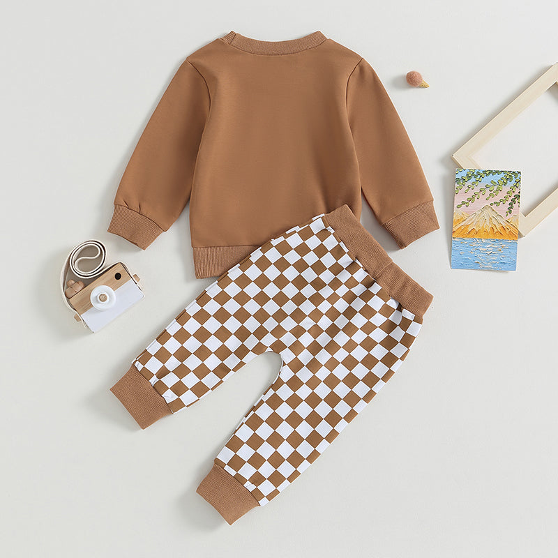 Lioraitiin 0-3Y Toddler Baby Boys Clothes Sets Long Sleeve Sweatshirt Tops and Checkerboard Print Drawstring Pants Tracksuit Set