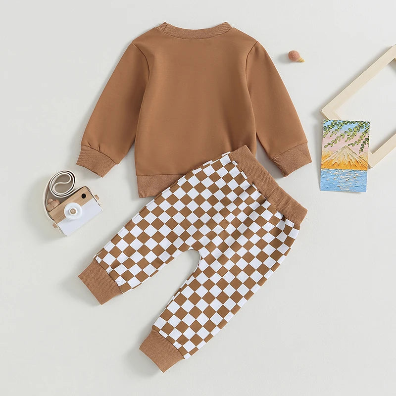 Lioraitiin 0-3Y Toddler Baby Boys Clothes Sets Long Sleeve Sweatshirt Tops and Checkerboard Print Drawstring Pants Tracksuit Set