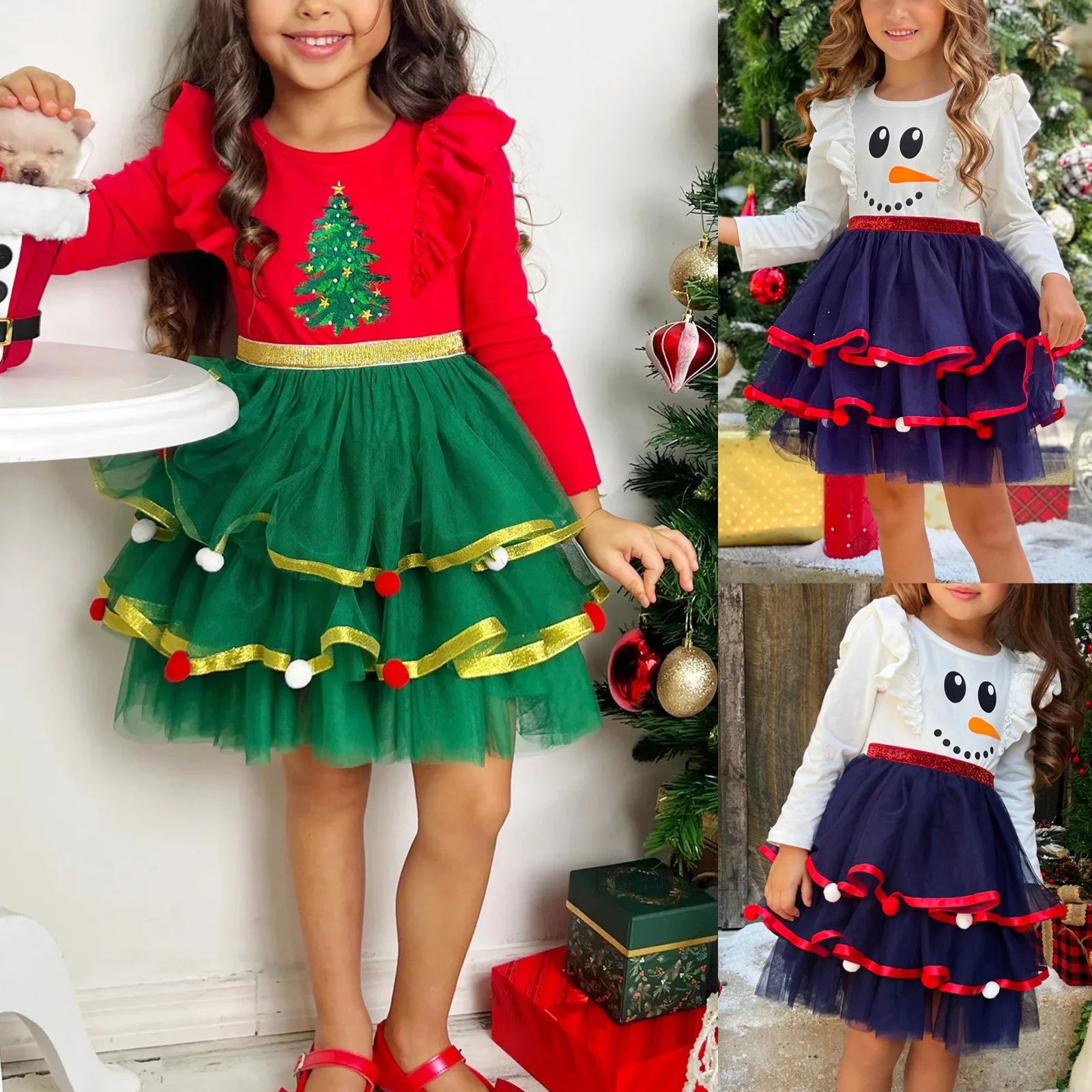 Little Girls Easter Dress Kids Children Girls Dress Christmas Long Sleeve Cartoon Snowman Tree Prints Dress Little Girls Size 4t