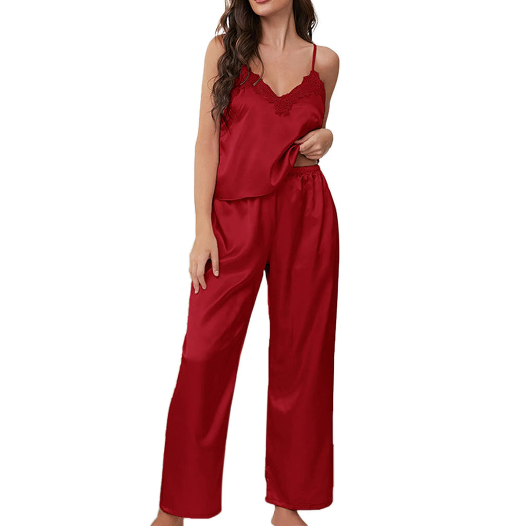 Women'S Satin Pajamas Set Autumn Winter Sleeveless Top Long Pants Sleepwear 2 Piece Set For Women Casual Home Loose Pajamas Set