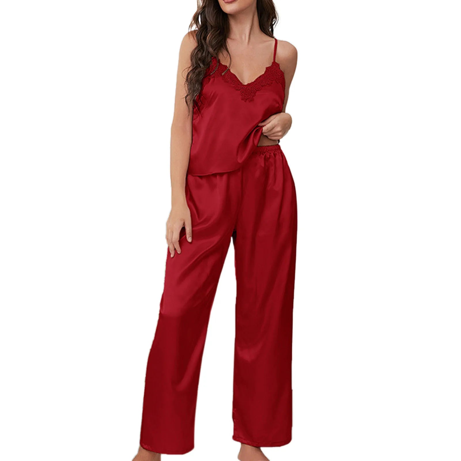 Women'S Satin Pajamas Set Autumn Winter Sleeveless Top Long Pants Sleepwear 2 Piece Set For Women Casual Home Loose Pajamas Set