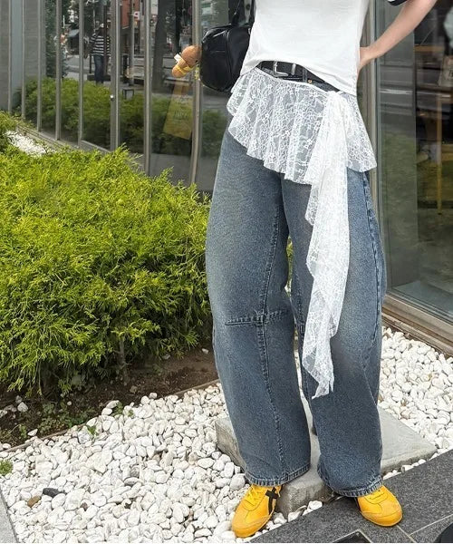 Jeans Pants Decor Embroidered Flower Lace Mini Skirt Irregular See Through Ruched Skirts High Waist Harajuku Pleated Skirts