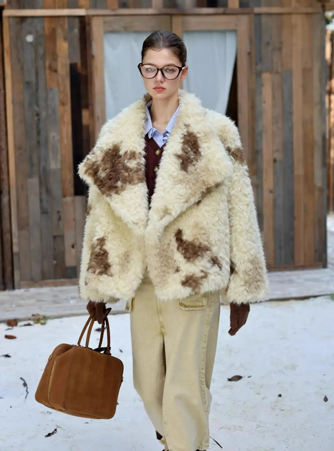 HIGH QUALITY Winter Large Lapel Curly Lamb Fur Coat Long sleeve Warm Shaggy Tie dye Gradient Faux Fur Jacket Loose Outerwear