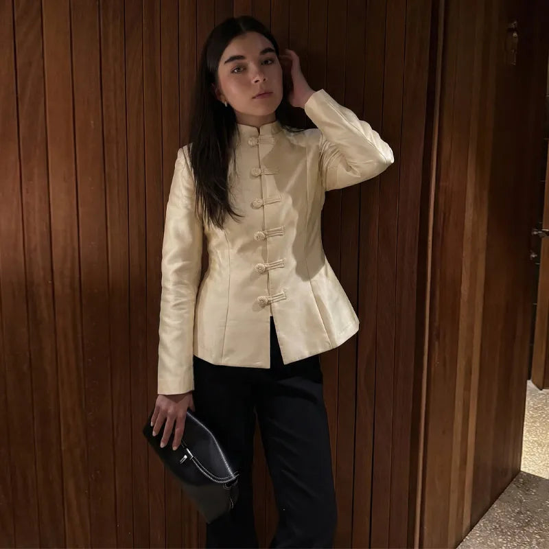 Vintage Stand Collar Velvet Frog Button Blazer Women Solid Long Sleeve Slim Cropped Jackets 2026 Spring Lady Fashion Outwear New