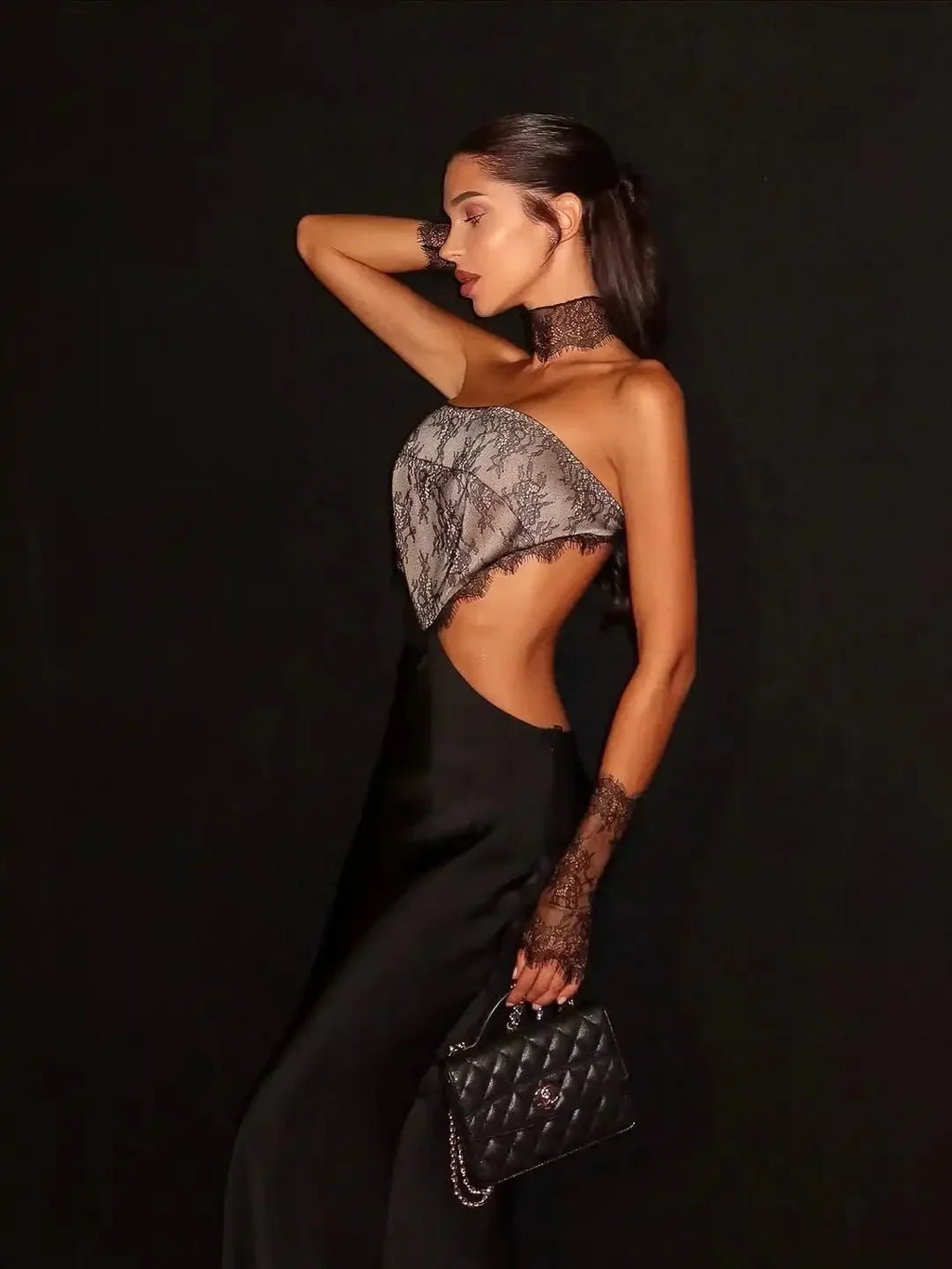 Strapless Lace Patch Dress Women's Sexy Sleeveless Backless Hollow Out Slim Fit Satin Long Dress 2026 Lady Event Evening Dress