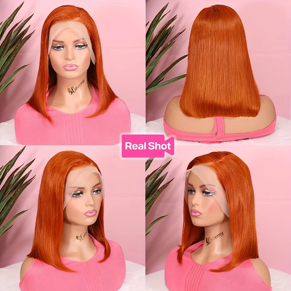 Ginger Bob Wig real Hair 13x4 high definition lace forehead, Orange Bob Wig Straight Hair