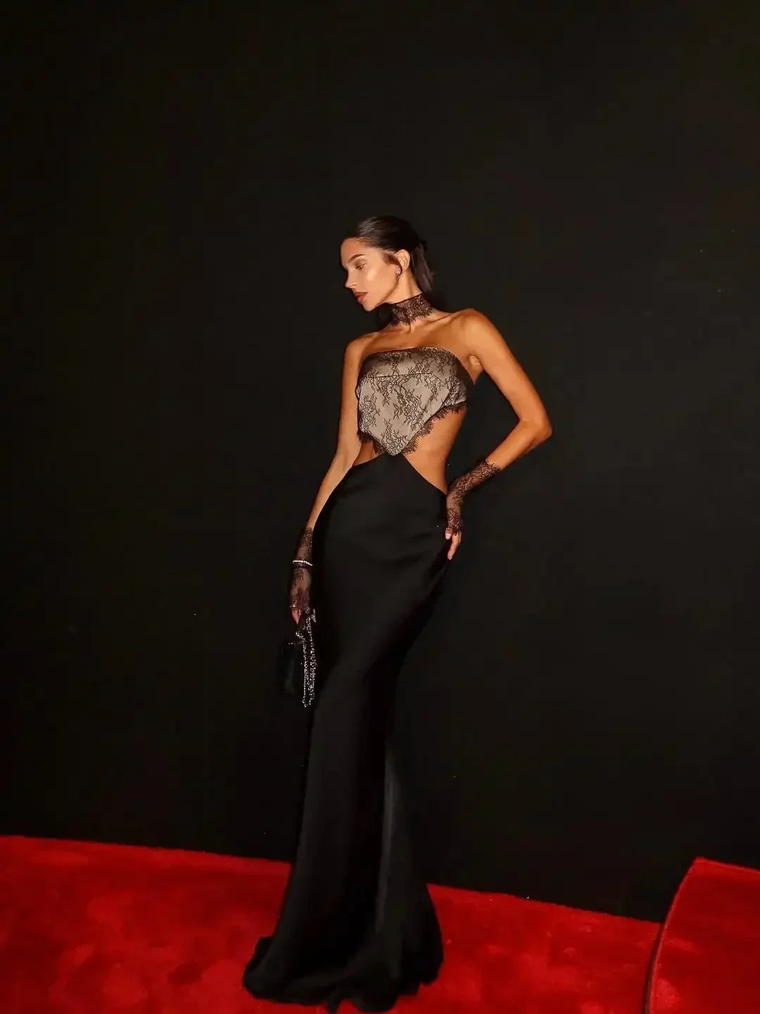 Strapless Lace Patch Dress Women's Sexy Sleeveless Backless Hollow Out Slim Fit Satin Long Dress 2026 Lady Event Evening Dress