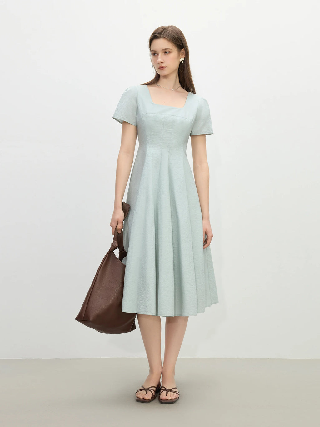 FSLE Gentle Temperament High Waist Short Sleeve Square Collar A-line Dress Female Summer 2025 New Arrival Long Dress 25FS12104