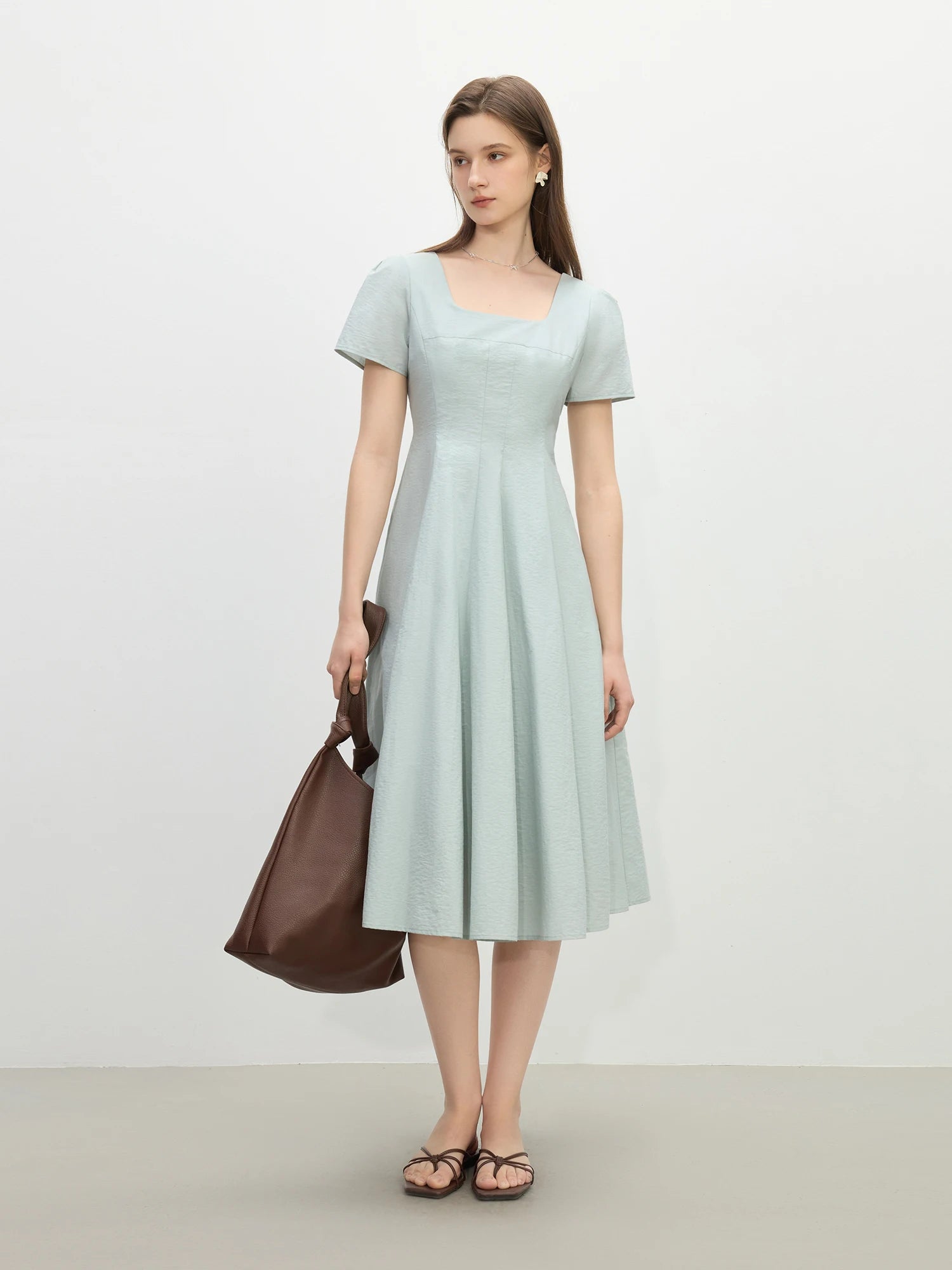 FSLE Gentle Temperament High Waist Short Sleeve Square Collar A-line Dress Female Summer 2025 New Arrival Long Dress 25FS12104