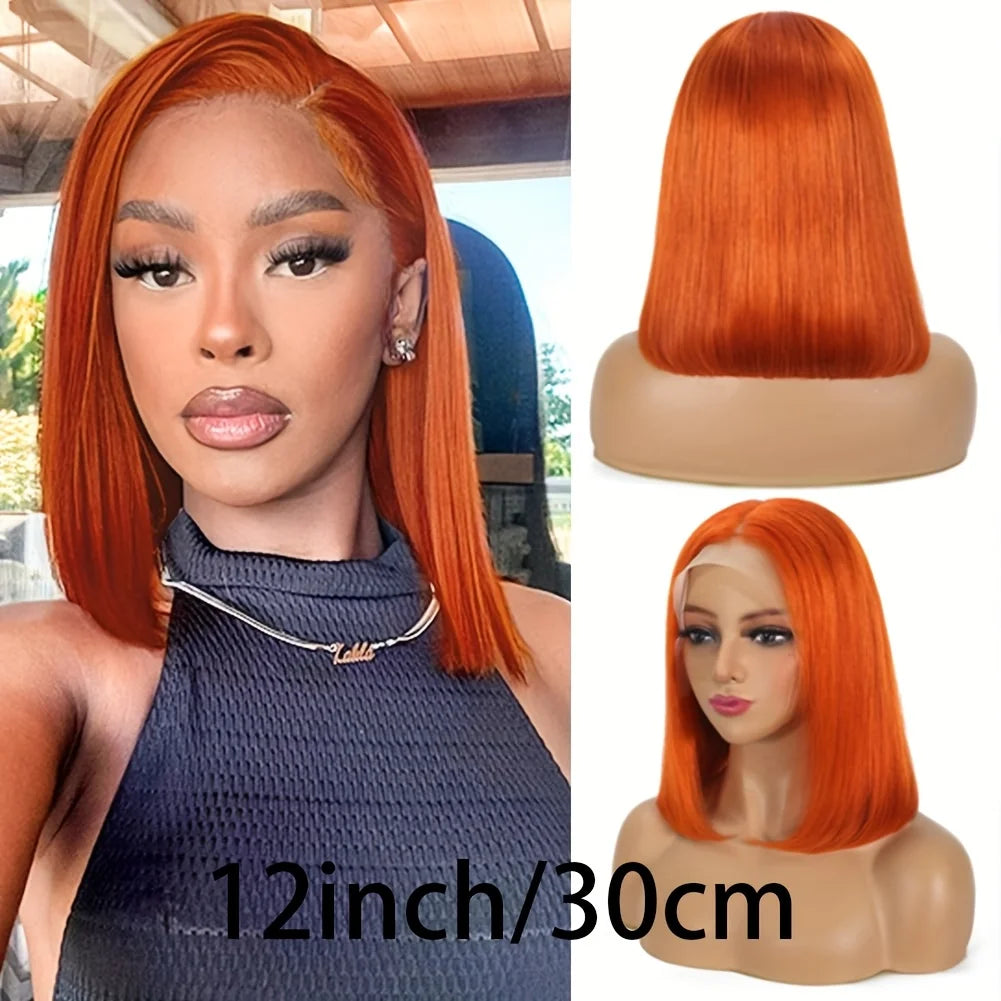 Ginger Bob Wig real Hair 13x4 high definition lace forehead, Orange Bob Wig Straight Hair