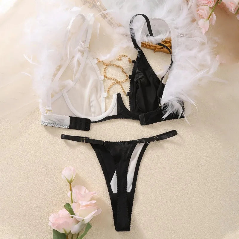 Toucheart Erotic Feather Lingerie Contrast Color Half Cup Bra Lace Up Chain Attractive Chest Bilizna Set Seductive Underwear New