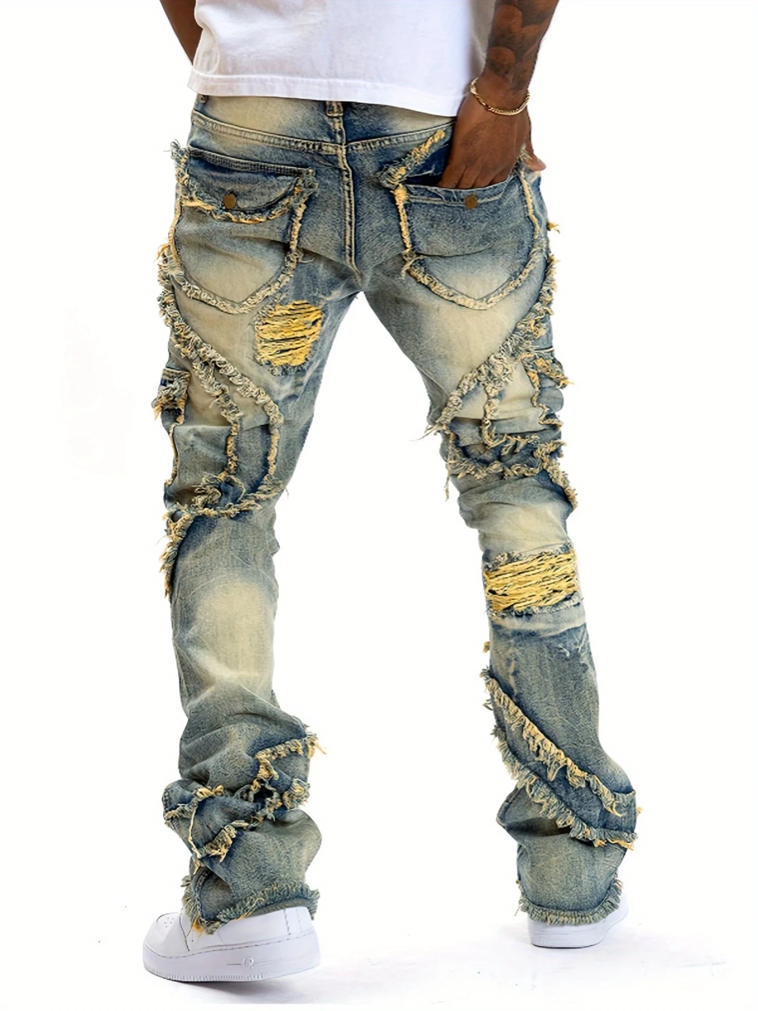 European and American men's ripped stretch jeans with fringe - the best choice for fashion wear