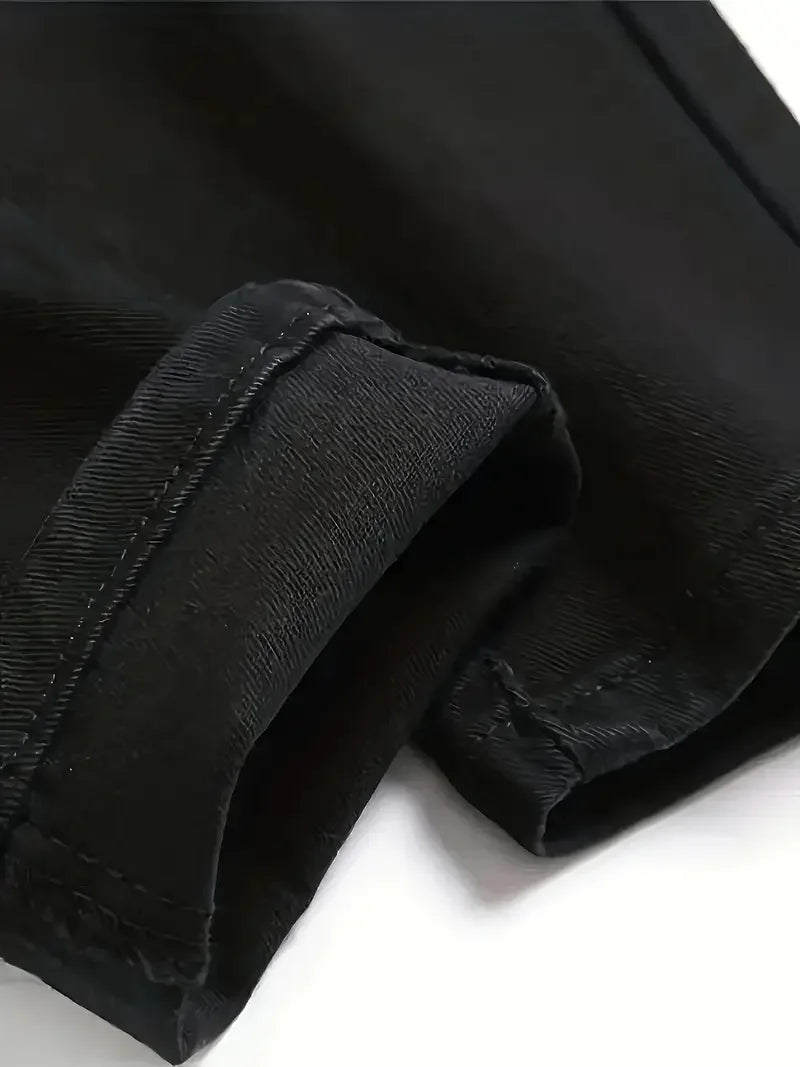 Men's Slim-Fit Ripped Jeans - Stylish Black Distressed Denim with Raw Hem, Comfortable & Versatile for All Seasons, Casual Stree