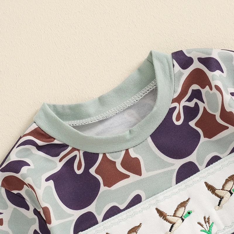2024-04-19 Lioraitiin Autumn Baby Boys Romper Infant Long Sleeve Crew Neck Duck Embroidery Camouflage Romper