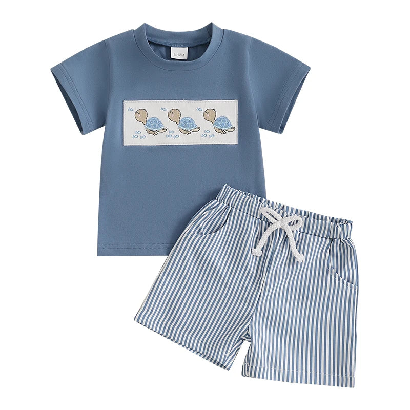 Lioraitiin Toddler Baby Boy Shorts Set Whale/Dinosaur/Turtle Short Sleeve T-shirts Striped Elastic Waist Shorts Summer Outfit