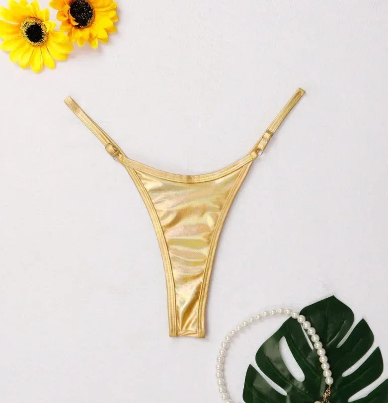 Women Adjustable Strap Thong Lady Briefs Panties G-string Glossy Triangle Shape Solid Color Elastic Mid Waist Ladies Underpants