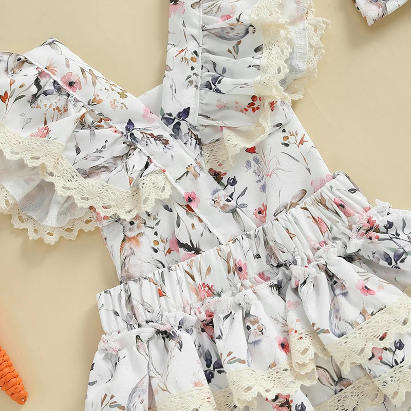 2025-01-02 Lioraitiin Baby Girls Easter Outfits Flower Bunny Print Lace Trim Flying Sleeve Spring Romper with Bow Headband Set
