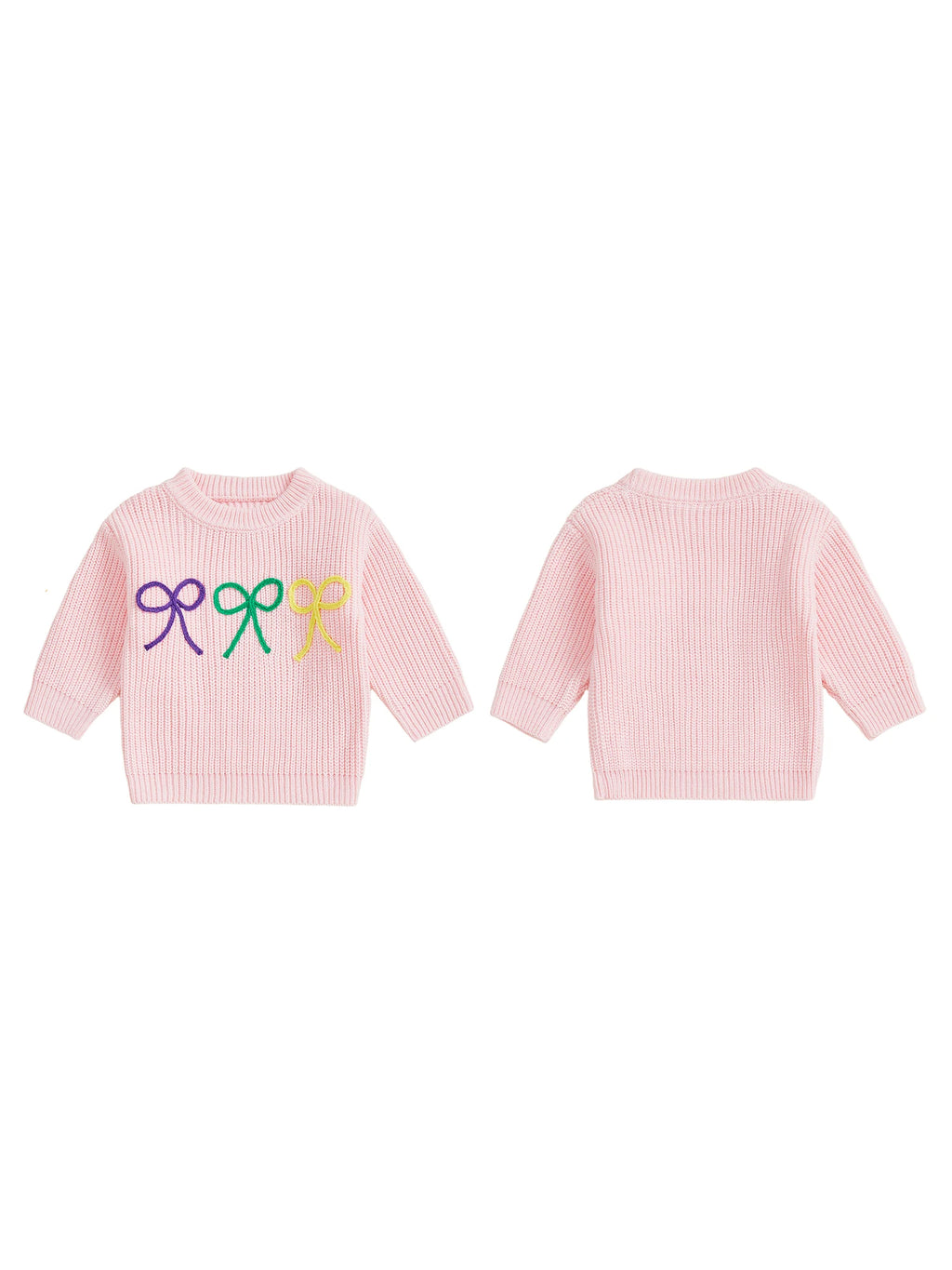 Mardi Gras Toddler Girl Sweater with Embroidered Bow Detail Crew Neck Long Sleeves and Chunky Knit Design for Cozy Style