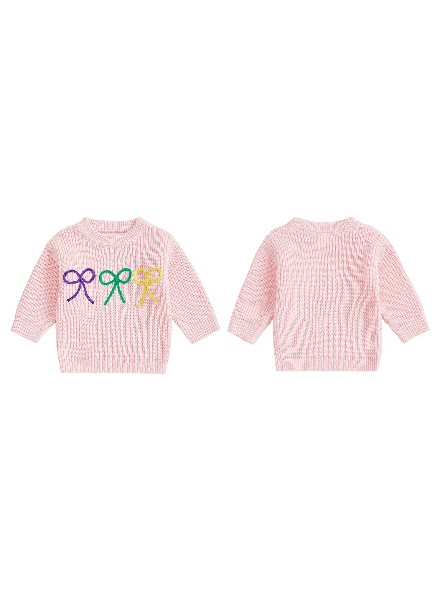 Mardi Gras Toddler Girl Sweater with Embroidered Bow Detail Crew Neck Long Sleeves and Chunky Knit Design for Cozy Style