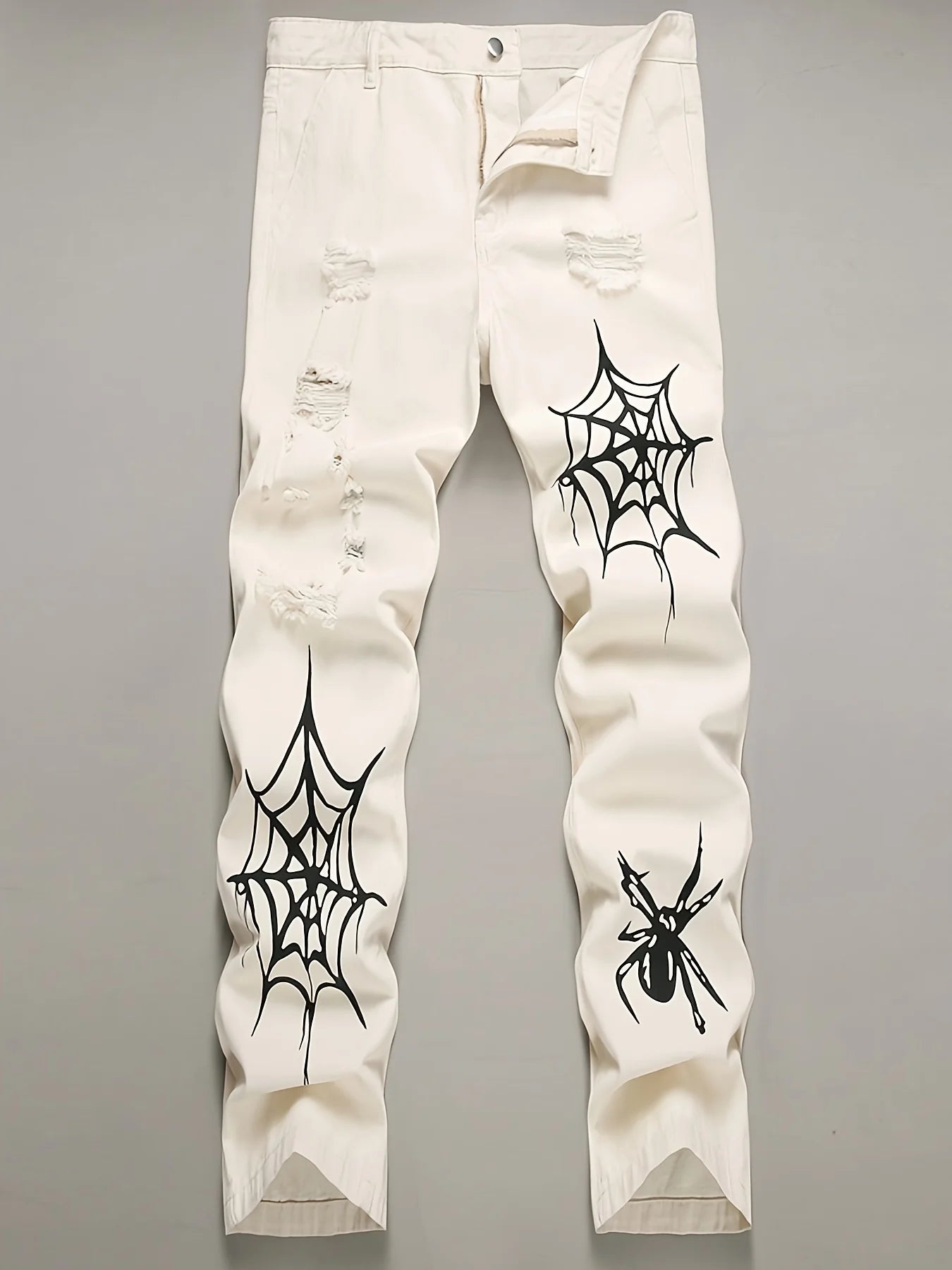 Men's jeans, men's spider web printed worn-out jeans