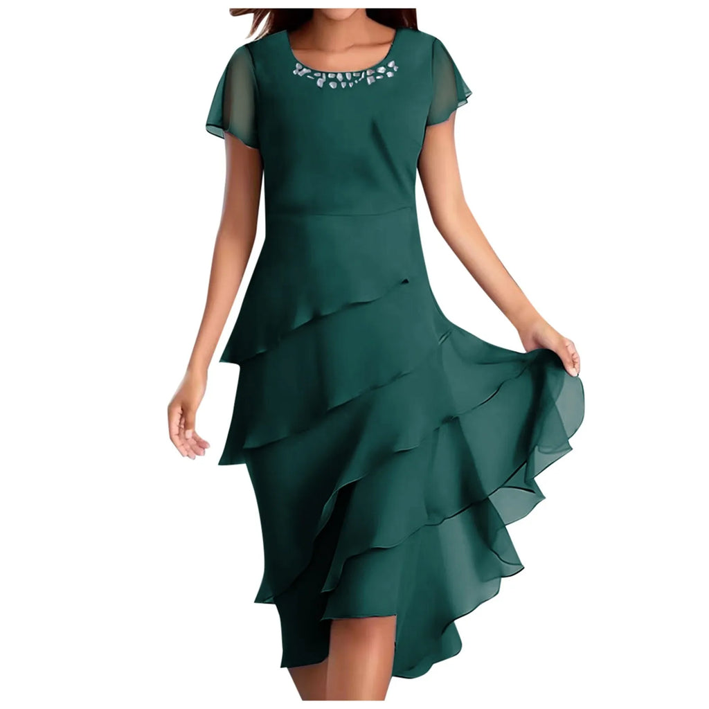 sexy chiffon puff short sleeve u neck midi dress elegant tierred layered slim fit summer dress stylish cocktail party dress