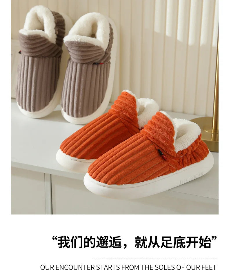 Comwarm Warm Fur House Slippers For Women Men 2023 Winter New Ankles Cozy Plush Slippers Home Indoor Soft Thick Sole Cotton Shoe