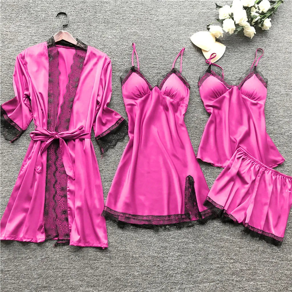 Sexy Fishnet Lingerie Hot Women Silk Dress Robe Sleepwear Pajamas Set Lace Nightdress Lingerie Sexy Lingerie Dress with Garter
