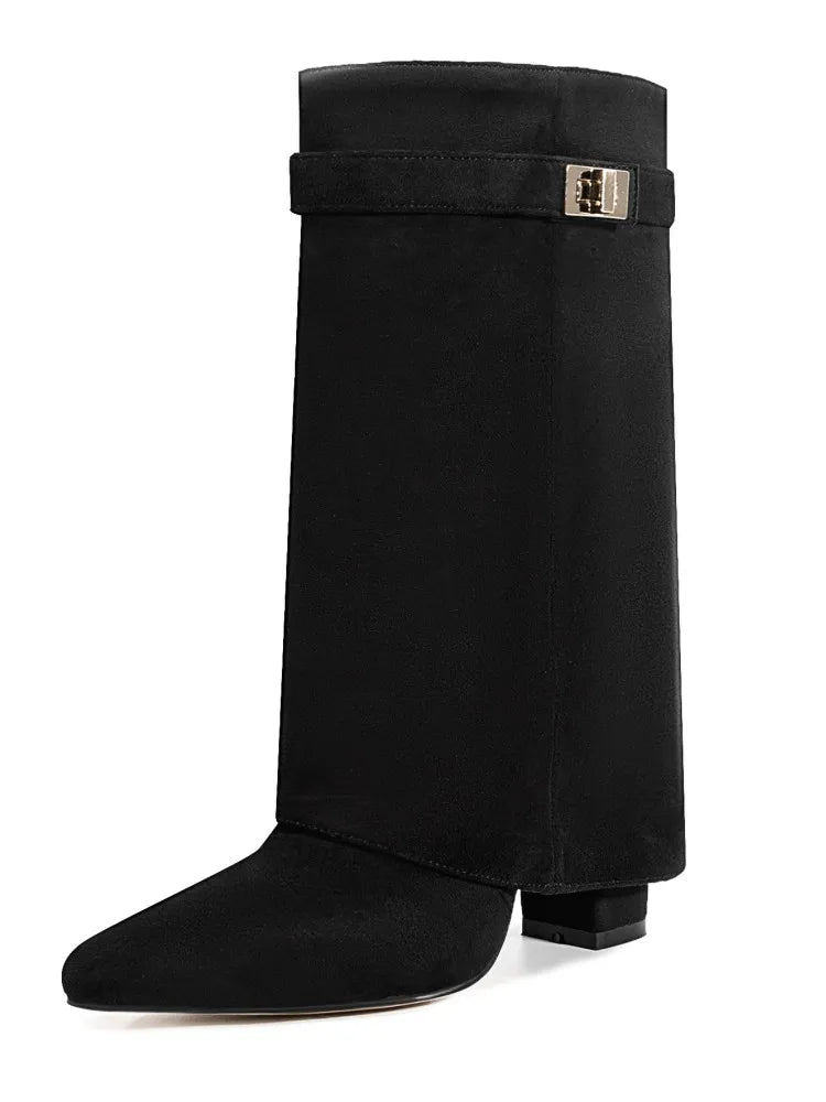 Ladies' Autumn and Winter New Pointed Knee High Women's Boots, Thick High-heeled Long Pants Boots, Fashionable Mid Rise Boots