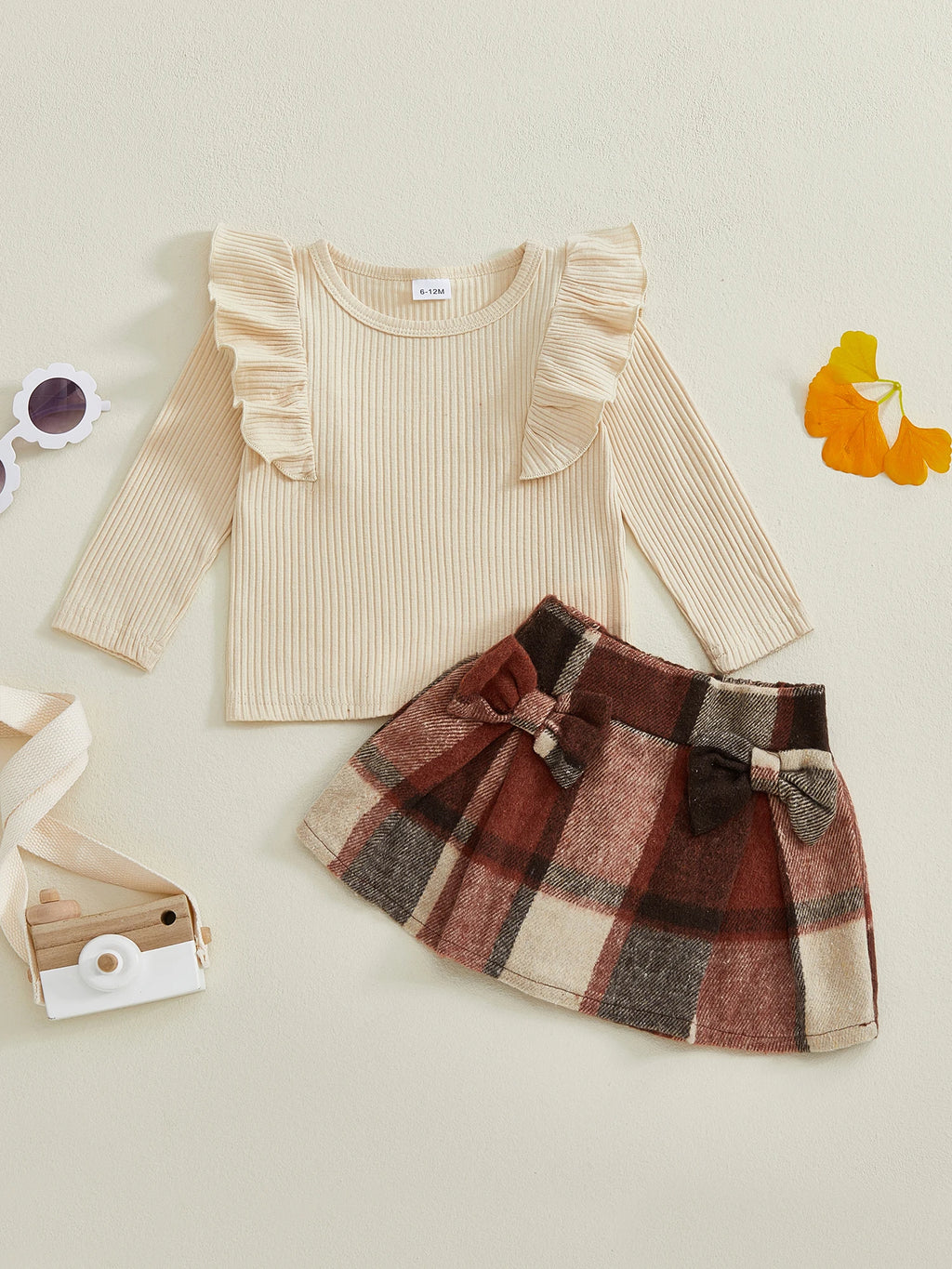 Lioraitiin Toddler Girls Autumn 2PCS Skirt Outfits Flying Sleeve Solid Color Tops A-line Plaid Skirt Set