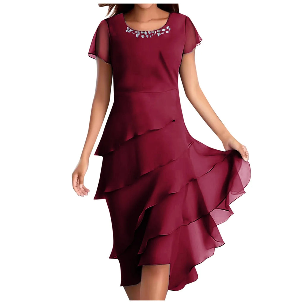 sexy chiffon puff short sleeve u neck midi dress elegant tierred layered slim fit summer dress stylish cocktail party dress